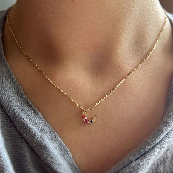 14K Yellow Gold Mini Diamond and Sapphire Crescent Moon Necklace - Picture 2 of 7